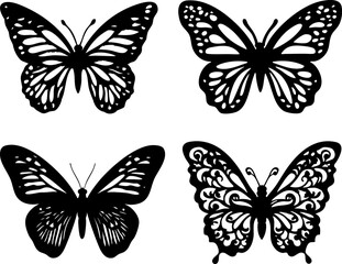 a set intricately designed black silhouette butterflies, showcasing unique patterns and shapes, perfect for art or design projects.