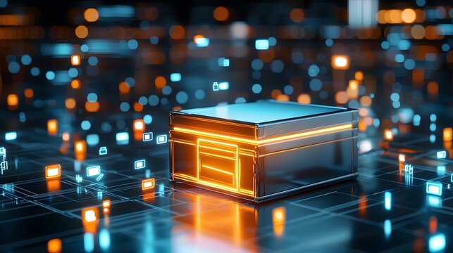 A glowing archive box in a dark room emits floating files and digital icons. The minimalist setup highlights the simplicity and efficiency of organized information storage.