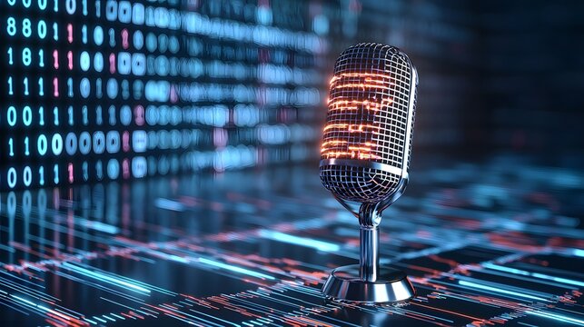 A glowing microphone sits in a dimly lit room. Sound waves and binary code radiate around it, symbolizing modern communication, media, and data technology.