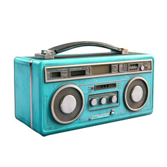A weathered teal vintage boombox sits on a light gray surface showcasing its retro design and aged condition.