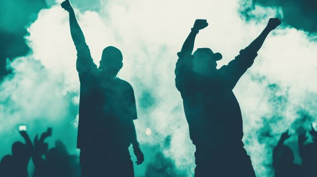 Two dancers showcase their skills in modern hip hop dance, surrounded by a lively crowd and illuminated by colorful lights and smoke