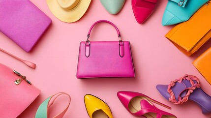 Obraz premium Colorful Womens Fashion Accessories Arranged On Pink Background