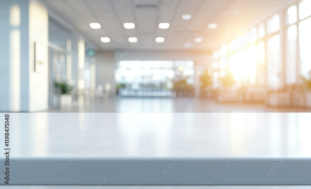 Poster bright office lobby with empty white table.