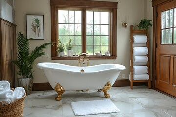 Luxurious freestanding bathtub in elegant bathroom.