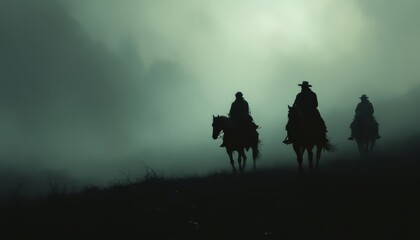 Fototapeta premium Silhouettes of three cowboys riding through foggy terrain at dawn.