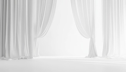 White curtains pulled back revealing a bright, empty room.