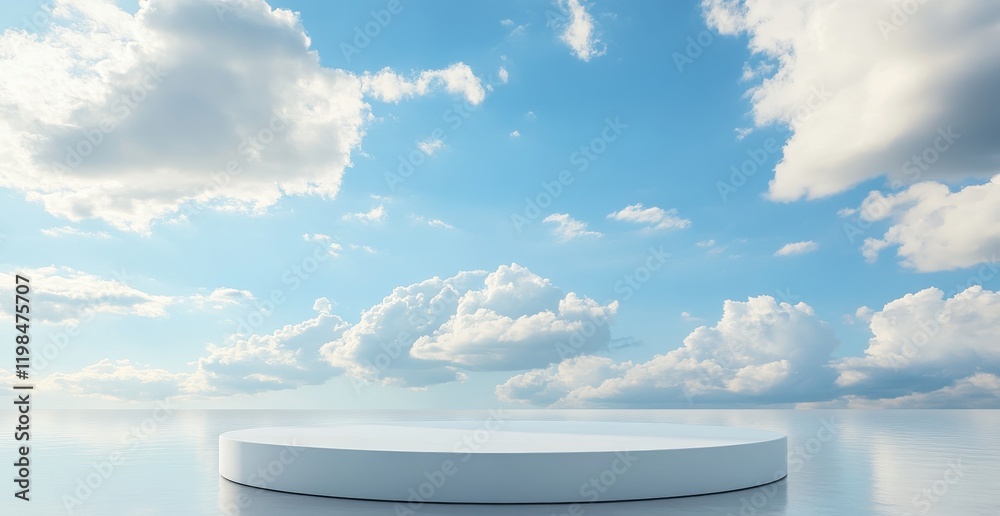 Poster white round platform on reflective surface under blue sky with clouds.