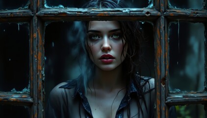 A young Caucasian woman gazes through a misty window, conveying a sense of longing.