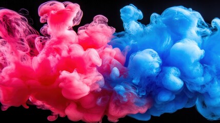 Obraz premium Red and blue ink clouds blend in water, swirling and forming dynamic patterns against a dark background, showcasing vibrant colors and movement