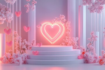 Romantic pink neon heart on a platform with flowers.