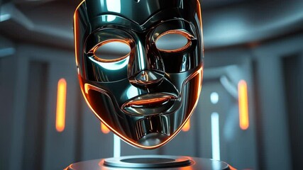 Exploring a futuristic chrome mask illuminated by neon lights in a dimly lit modern space - Powered by Adobe