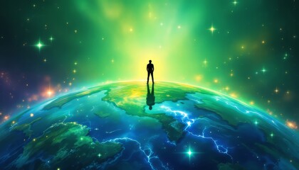 Silhouette of a person standing on Earth, surrounded by cosmic colors and stars.