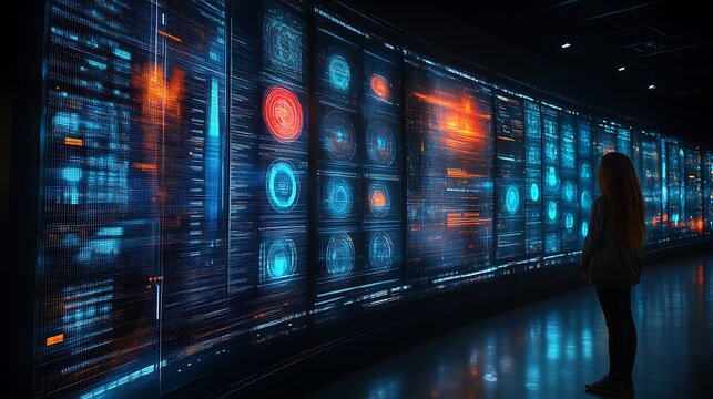 Woman observing futuristic data visualization wall.