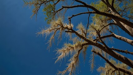 Obraz premium spanish moss,Spanish Moss-Adorned Branches Against a Deep Blue Sky