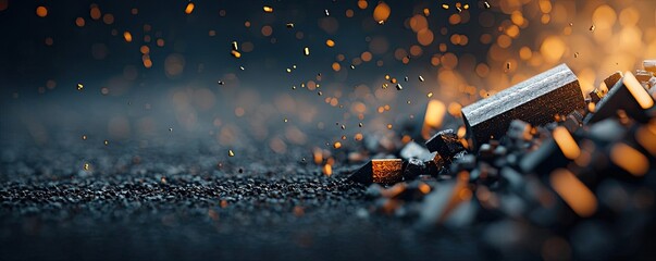 Dust pollution concept. Abstract close-up of metal sparks and particles against a dark background.