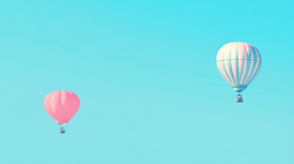 Fototapeta premium Two Pastel Hot Air Balloons Floating in a Clear Blue Sky.