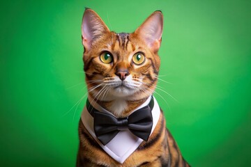 4K Bengal Cat in Tuxedo, Green Screen Chroma Key, Isolated, Real Shot