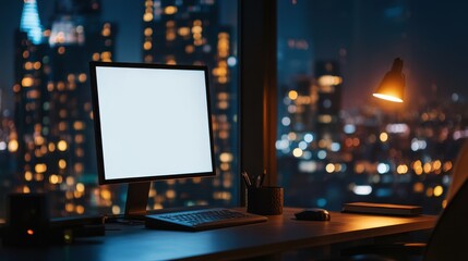 Modern Desk Setup at Night with Blank Computer Screen and City Lights Background - Stock Photo