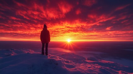 Obraz premium Person on snowy peak, fiery sunset.