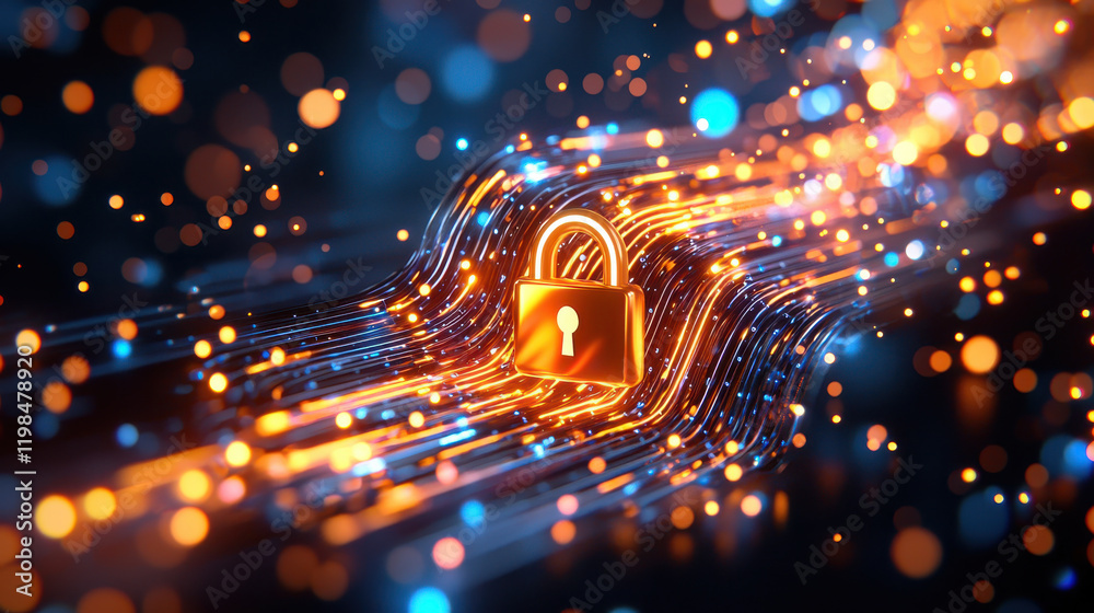 Poster futuristic padlock icon surrounded by glowing particles and light trails, symbolizing security and digital protection. vibrant colors create dynamic and engaging visual experience