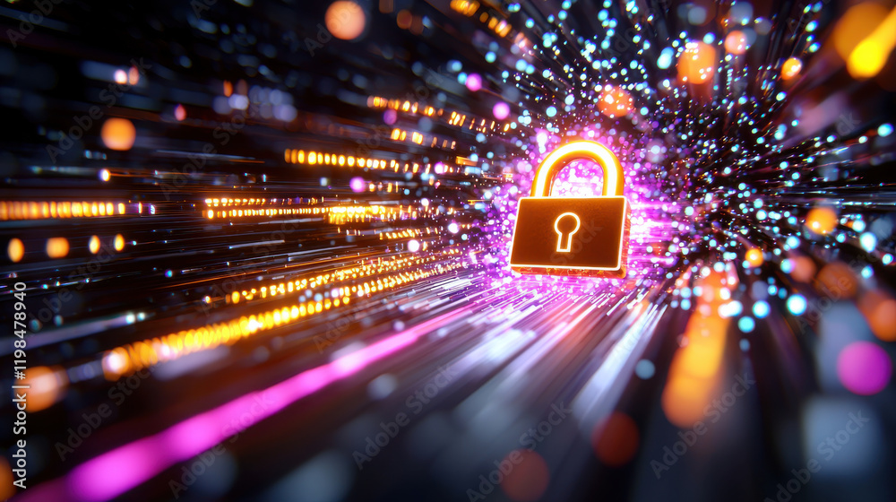 Leinwandbilder futuristic padlock icon surrounded by vibrant light trails symbolizes security and protection in digital world. glowing elements create dynamic and engaging atmosphere
