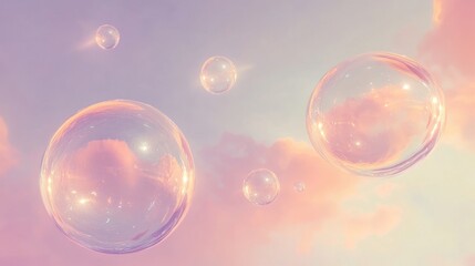 Dreamy Soap Bubbles Floating in a Pastel Pink and Blue Sky at Sunset