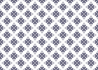 dark blue symbol floral on White background, ethnic fabric seamless pattern, design for cloth, carpet, batik, wallpaper, wrapping etc.