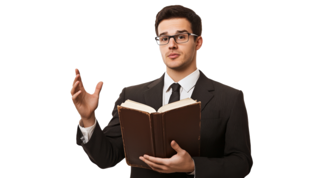 A lawyer explaining a point with a law book in hand, raised hand gesture, isolated on transparent background