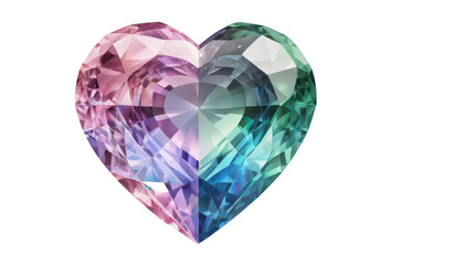 A gemstone-inspired crystal heart with layered hues of pink, blue, and green, sparkling on a white transparent background PNG