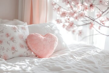 Pink heart pillow on bed with floral pillows and cherry blossoms.