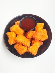 Chicken nuggets in a black plate and sauce in a small black bowl on a white background.