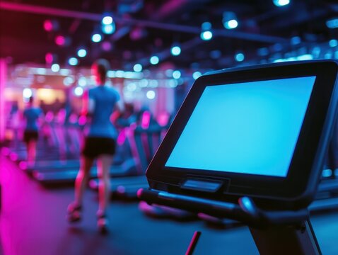 Modern Gym Treadmill with Blank Screen and People Exercising in Blurred Background, Neon Lighting.
