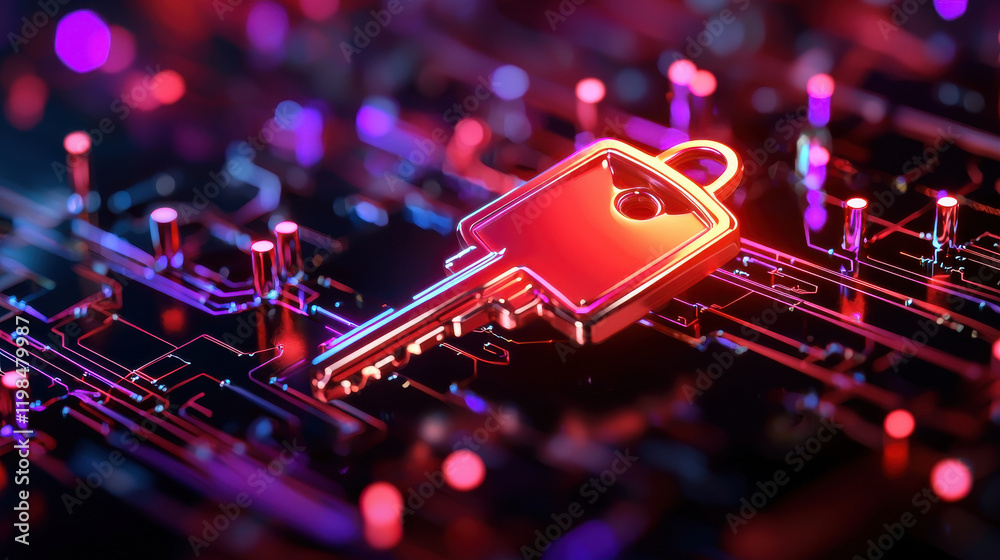 Poster futuristic digital key illuminated on circuit board, showcasing vibrant colors and intricate details
