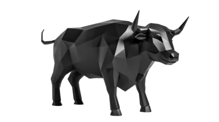 low-poly black bull, sleek modern design, geometric animal model, contemporary art bull, minimalist bull sculpture, black bull figurine, low-poly artistic bull, mod, isolated on transparent background