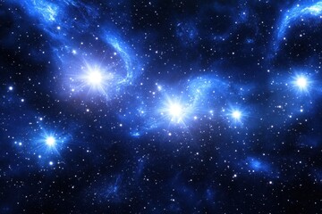 Luminous Stars and Nebulae in Deep Space, Dark Blue Night Sky.