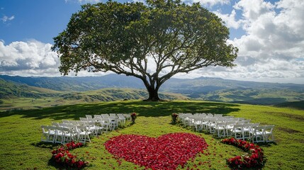 Obraz premium A picturesque outdoor wedding setup with heart-shaped flower wreaths, rose petals, and white chairs on a grassy field
