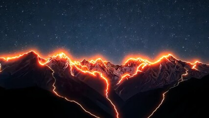 Majestic mountain range illuminated by vibrant orange glow under starry sky at night