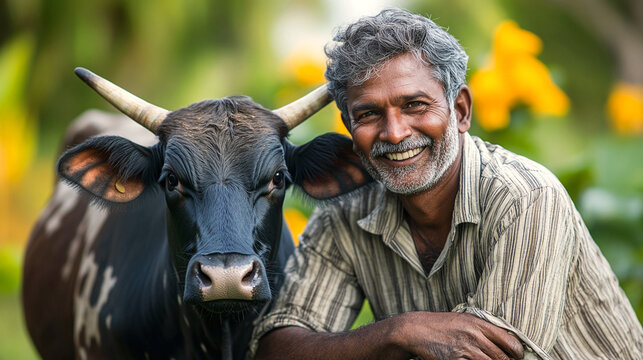 An indian farmer with a cow.	