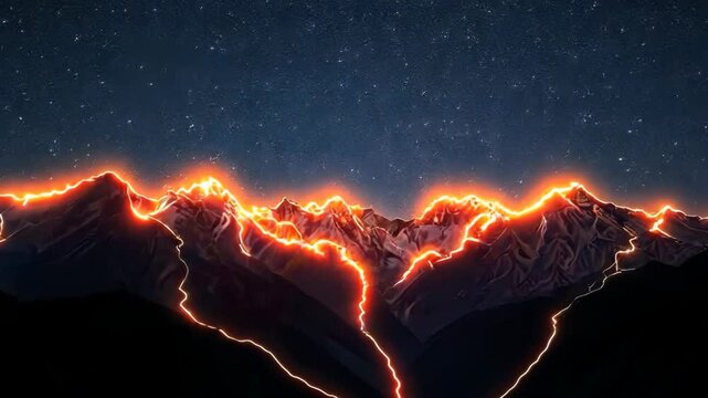 Majestic mountain range illuminated by vibrant orange glow under starry sky at night
