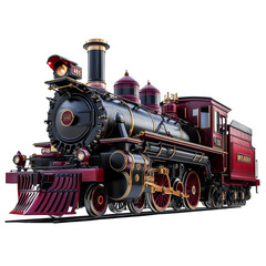 Obraz premium A meticulously detailed rendering of a vintage steam locomotive, showcasing its ornate design and rich color scheme.