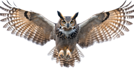 Majestic great horned owl in flight, showcasing its wings and piercing eyes, night predator, isolated on transparent background