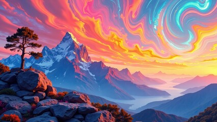 Naklejka premium Eye-level view reveals a lone tree perched atop craggy rocks within a majestic, snow-draped mountain range under an expansive sky