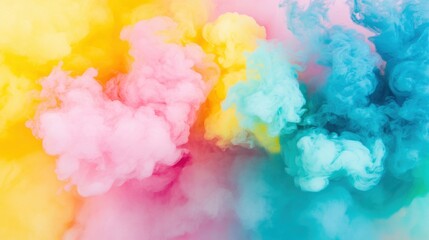 Fototapeta premium Colorful clouds of pink, yellow, and blue ink blend and swirl together in water, creating a beautiful and dynamic visual effect