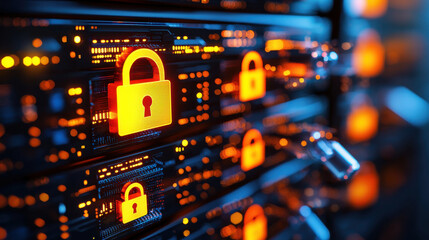 secure cloud server with glowing padlock icons, symbolizing data protection and cybersecurity. vibrant lights create modern and technological atmosphere