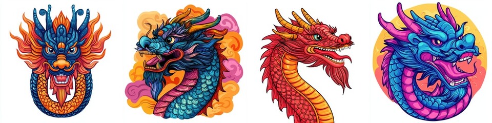 Colorful illustrations of four distinct dragon designs showcasing various styles and features.