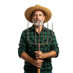 Fototapeta premium Mature Farmer Holding Pitchfork Rustic Green Plaid Shirt Straw Hat Studio Portrait man tool work rural labor 