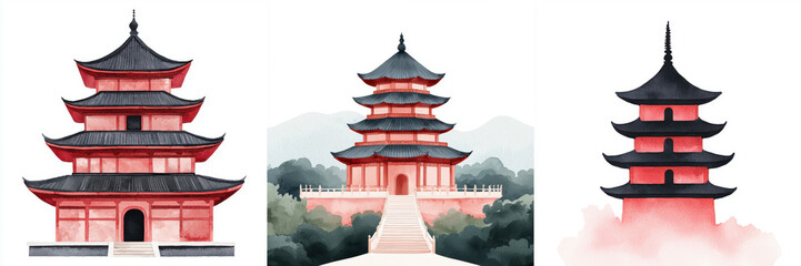 Three elegant Asian pagodas depicted in a watercolor style against a serene backdrop.