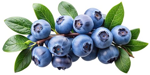 Cluster of Blueberries with Green Leaves - A fresh cluster of ripe blueberries with green leaves, showcasing their vibrant blue color and natural beauty.  
  
