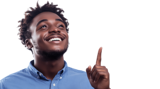 Man with blue shirt smiling and pointing to the sky, isolated on transparent background