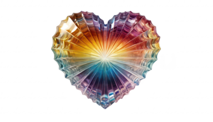 A heart carved from flawless crystal, radiating vivid rainbow rays from its core, surrounded by a soft glow on a white transparent background PNG